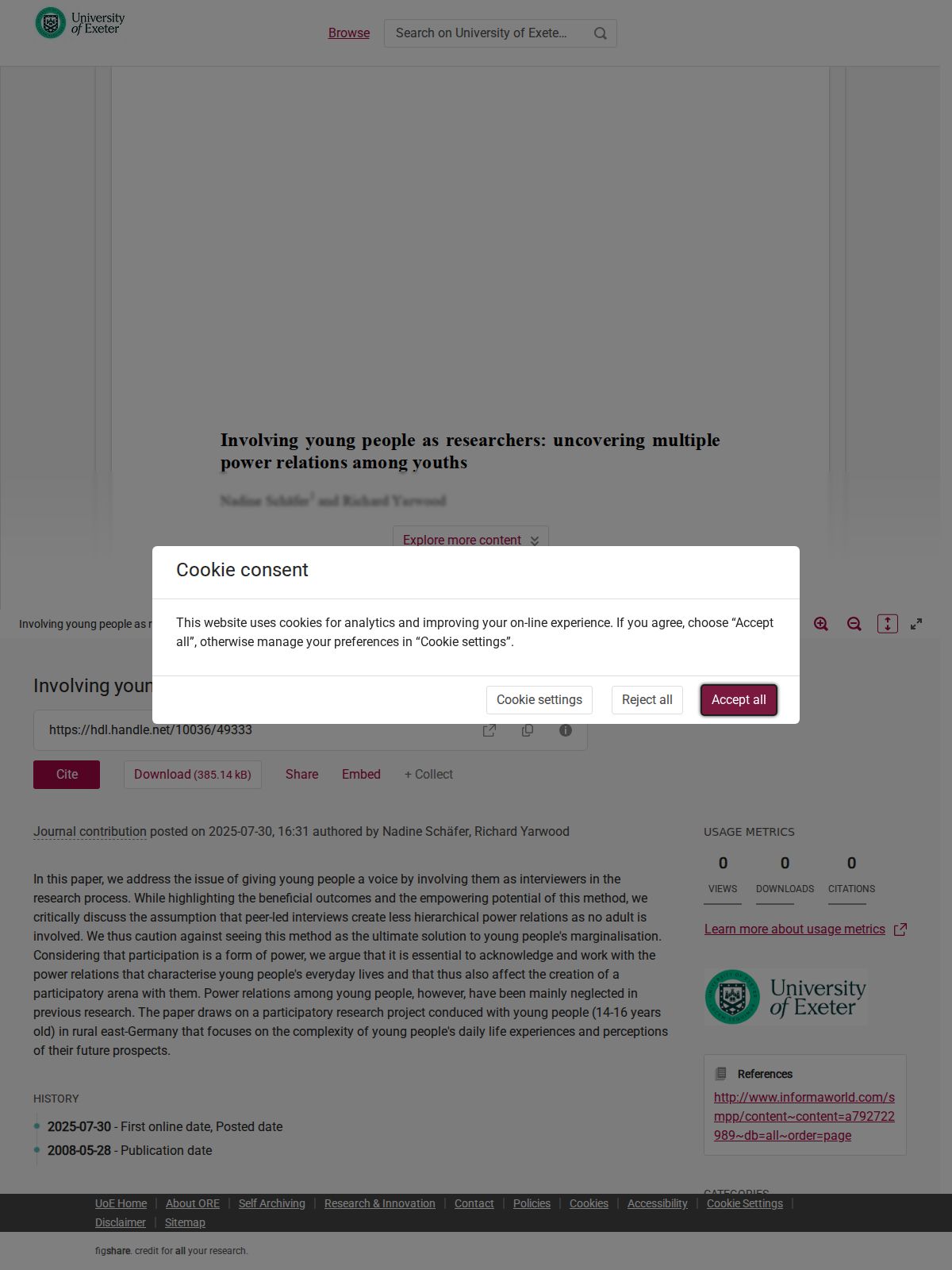 Cover of Involving young people as researchers: uncovering multiple power relations among youths