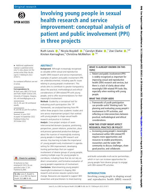 Cover of Involving young people in sexual health research and service improvement: conceptual analysis of PPI in three projects